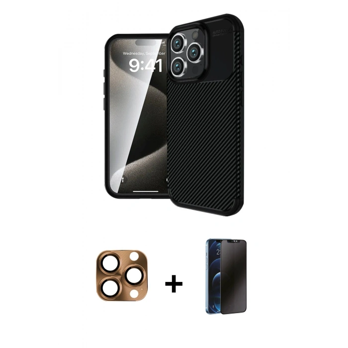 MARSİLYAN™- iPhone 16 Pro Max Kılıf Eksen Form Prime - Siyah 3D Antistatik Hayalet Cam Ekran Koruyucu + Pers Alüminyum Kamera Lens - CLTM