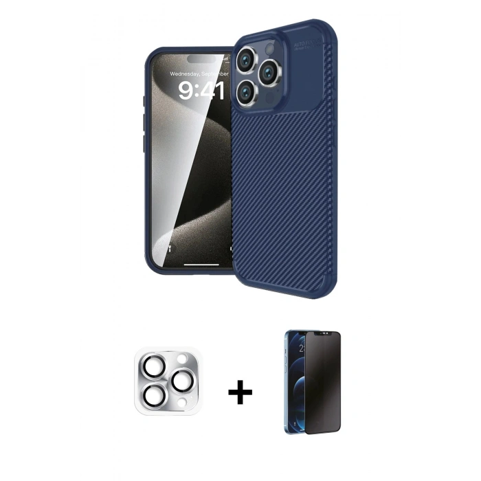MARSİLYAN™- iPhone 16 Pro Max Kılıf Eksen Form Prime - Siyah 3D Antistatik Hayalet Cam Ekran Koruyucu + Pers Alüminyum Kamera Lens - GS