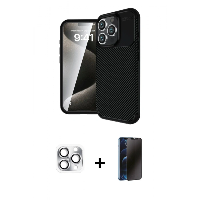 MARSİLYAN™- iPhone 16 Pro Max Kılıf Eksen Form Prime - Siyah 3D Antistatik Hayalet Cam Ekran Koruyucu + Pers Alüminyum Kamera Lens - GS