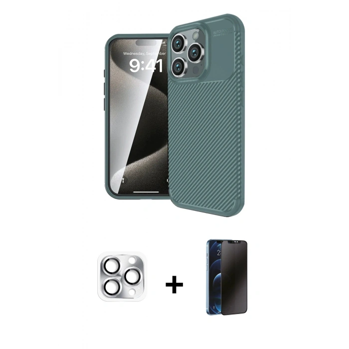 MARSİLYAN™- iPhone 16 Pro Max Kılıf Eksen Form Prime - Siyah 3D Antistatik Hayalet Cam Ekran Koruyucu + Pers Alüminyum Kamera Lens - GS