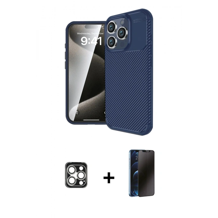 MARSİLYAN™- iPhone 16 Pro Max Kılıf Eksen Form Prime - Siyah 3D Antistatik Hayalet Cam Ekran Koruyucu + PVD Metal Kamera Lens - GS