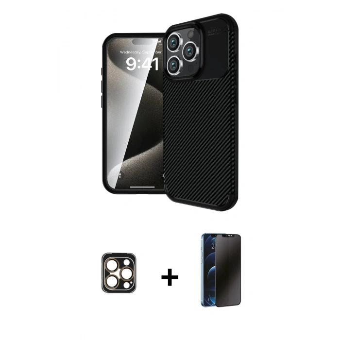 MARSİLYAN™- iPhone 16 Pro Max Kılıf Eksen Form Prime - Siyah 3D Antistatik Hayalet Cam Ekran Koruyucu + PVD Metal Kamera Lens - GD