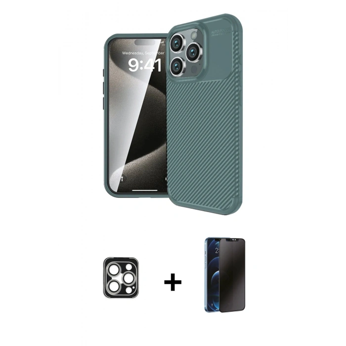 MARSİLYAN™- iPhone 16 Pro Max Kılıf Eksen Form Prime - Siyah 3D Antistatik Hayalet Cam Ekran Koruyucu + PVD Metal Kamera Lens - GS