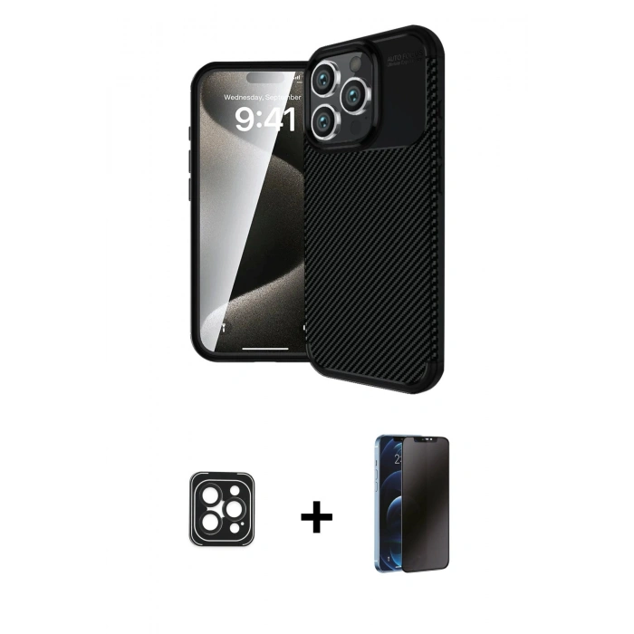 MARSİLYAN™- iPhone 16 Pro Max Kılıf Eksen Form Prime - Siyah 3D Antistatik Hayalet Cam Ekran Koruyucu + PVD Metal Kamera Lens - SH