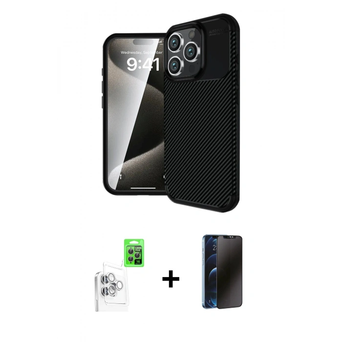 MARSİLYAN™- iPhone 16 Pro Max Kılıf Eksen Form Prime - Siyah 3D Antistatik Hayalet Cam Ekran Koruyucu + Raze Metal Kamera Lens - BZ