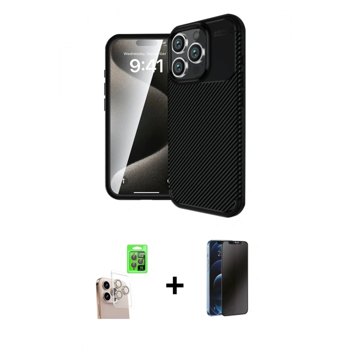 MARSİLYAN™- iPhone 16 Pro Max Kılıf Eksen Form Prime - Siyah 3D Antistatik Hayalet Cam Ekran Koruyucu + Raze Metal Kamera Lens - NLGY