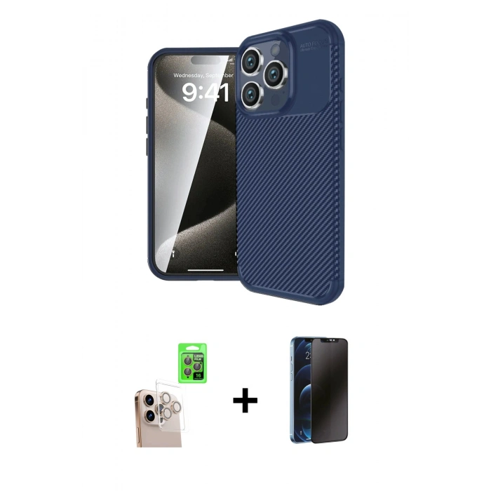 MARSİLYAN™- iPhone 16 Pro Max Kılıf Eksen Form Prime - Siyah 3D Antistatik Hayalet Cam Ekran Koruyucu + Raze Metal Kamera Lens - NLGY