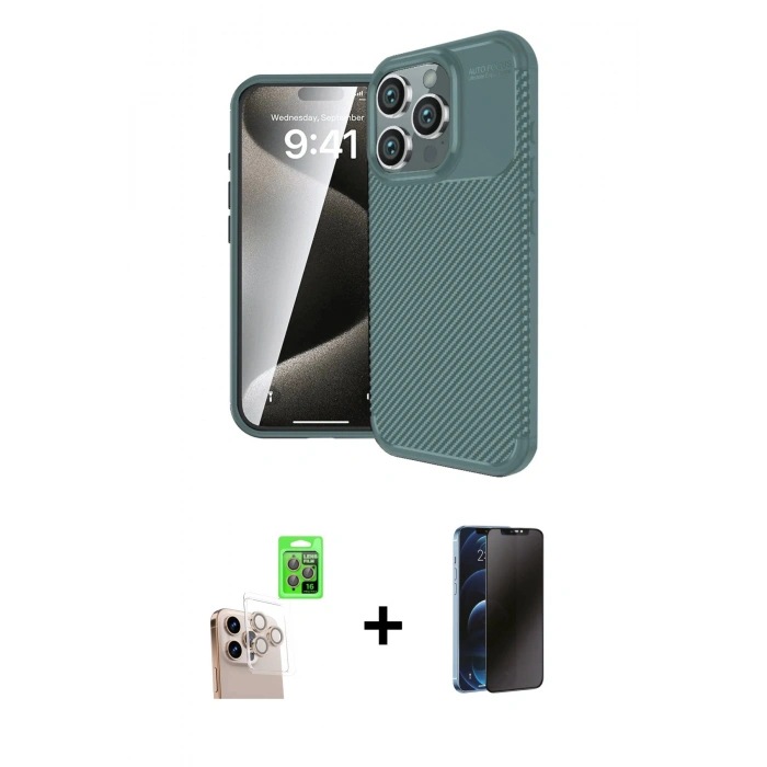 MARSİLYAN™- iPhone 16 Pro Max Kılıf Eksen Form Prime - Siyah 3D Antistatik Hayalet Cam Ekran Koruyucu + Raze Metal Kamera Lens - NLGY