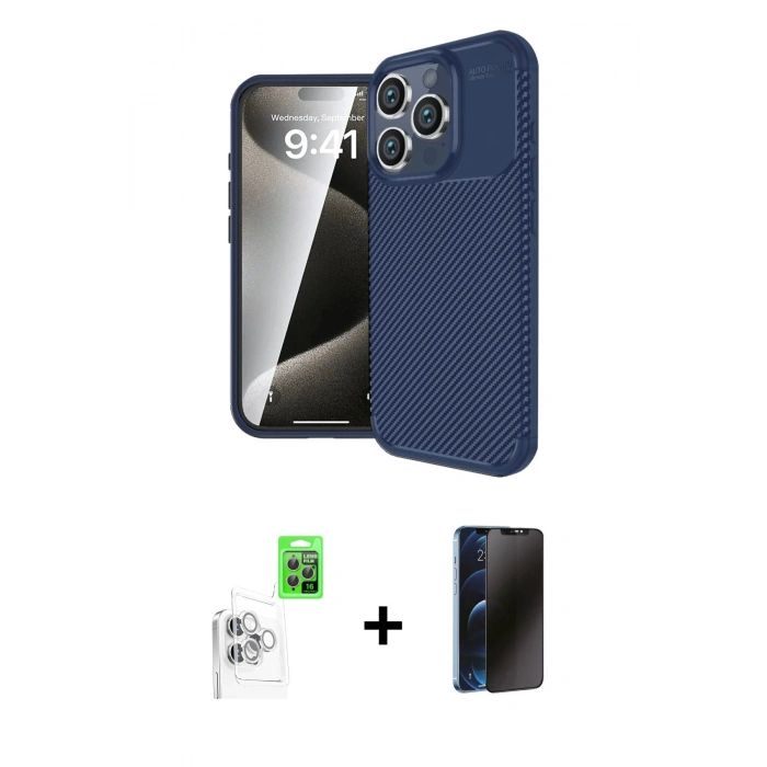 MARSİLYAN™- iPhone 16 Pro Max Kılıf Eksen Form Prime - Siyah 3D Antistatik Hayalet Cam Ekran Koruyucu + Raze Metal Kamera Lens - BZ