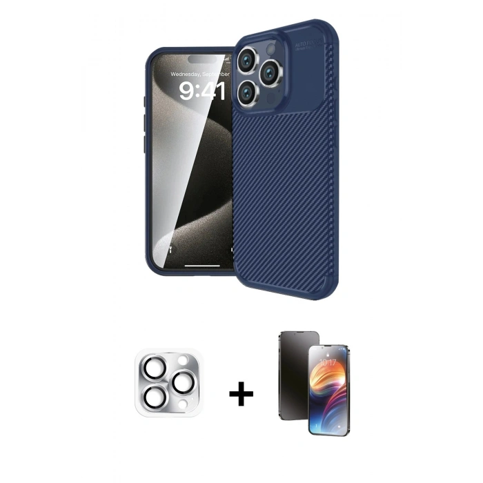 MARSİLYAN™- iPhone 16 Pro Max Kılıf Eksen Form Prime - Siyah 3D Antistatik Mat Seramik Nano Ekran Koruyucu + Pers Alüminyum Kamera Lens - GS