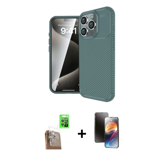 MARSİLYAN™- iPhone 16 Pro Max Kılıf Eksen Form Prime - Siyah 3D Antistatik Mat Seramik Nano Ekran Koruyucu + Raze Metal Kamera Lens - CLTM