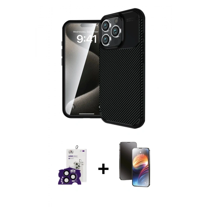 MARSİLYAN™- iPhone 16 Pro Max Kılıf Eksen Form Prime - Siyah 3D Antistatik Mat Seramik Nano Ekran Koruyucu + Bilvis Titan Kamera Lens - SH