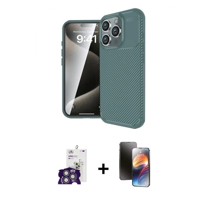 MARSİLYAN™- iPhone 16 Pro Max Kılıf Eksen Form Prime - Siyah 3D Antistatik Mat Seramik Nano Ekran Koruyucu + Bilvis Titan Kamera Lens - GS