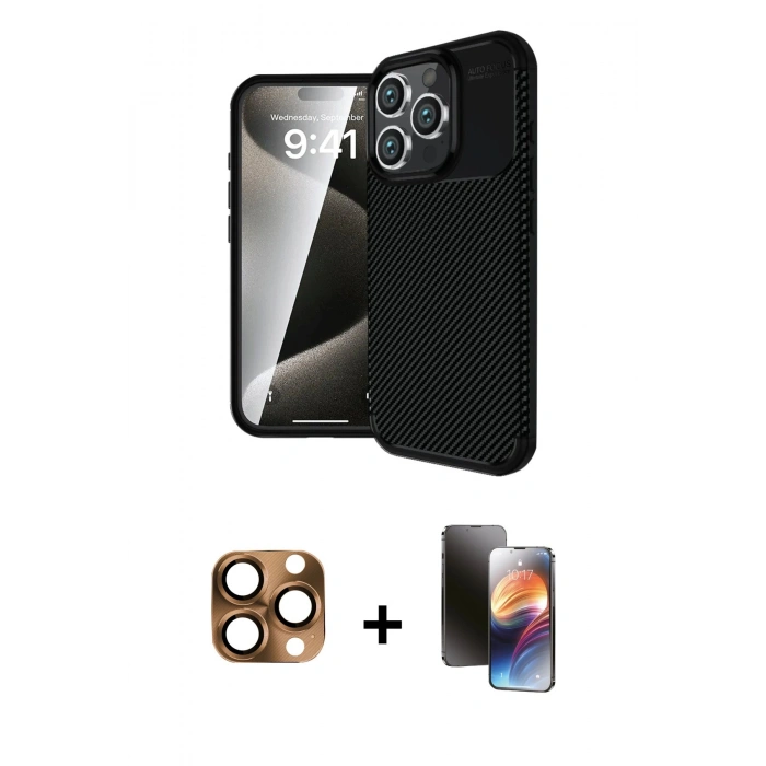 MARSİLYAN™- iPhone 16 Pro Max Kılıf Eksen Form Prime - Siyah 3D Antistatik Mat Seramik Nano Ekran Koruyucu + Pers Alüminyum Kamera Lens - CLTM