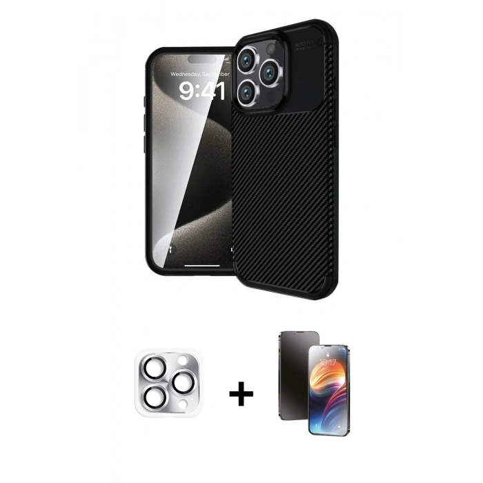 MARSİLYAN™- iPhone 16 Pro Max Kılıf Eksen Form Prime - Siyah 3D Antistatik Mat Seramik Nano Ekran Koruyucu + Pers Alüminyum Kamera Lens - GS