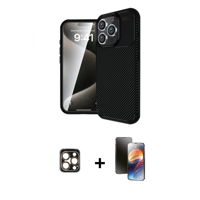 MARSİLYAN™- iPhone 16 Pro Max Kılıf Eksen Form Prime - Siyah 3D Antistatik Mat Seramik Nano Ekran Koruyucu + PVD Metal Kamera Lens - GD