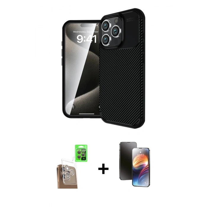 MARSİLYAN™- iPhone 16 Pro Max Kılıf Eksen Form Prime - Siyah 3D Antistatik Mat Seramik Nano Ekran Koruyucu + Raze Metal Kamera Lens - CLTM