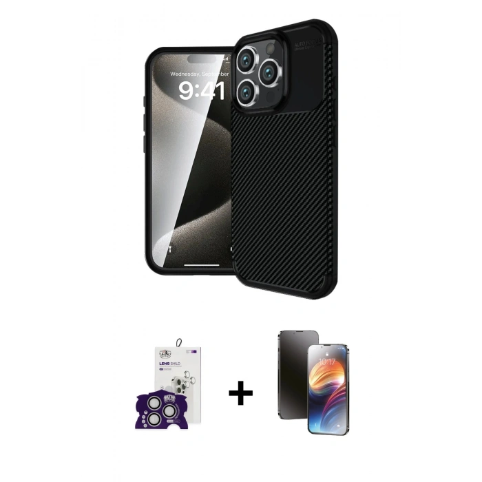 MARSİLYAN™- iPhone 16 Pro Max Kılıf Eksen Form Prime - Siyah 3D Antistatik Mat Seramik Nano Ekran Koruyucu + Bilvis Titan Kamera Lens - GS