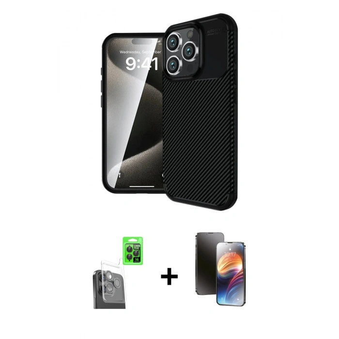 MARSİLYAN™- iPhone 16 Pro Max Kılıf Eksen Form Prime - Siyah 3D Antistatik Mat Seramik Nano Ekran Koruyucu + Raze Metal Kamera Lens - SH