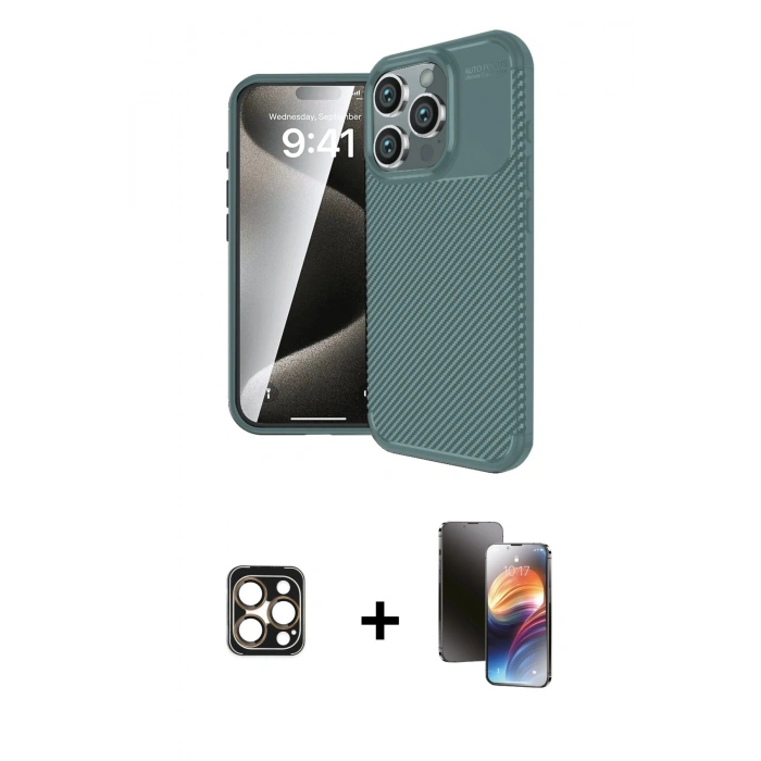 MARSİLYAN™- iPhone 16 Pro Max Kılıf Eksen Form Prime - Siyah 3D Antistatik Mat Seramik Nano Ekran Koruyucu + PVD Metal Kamera Lens - GD