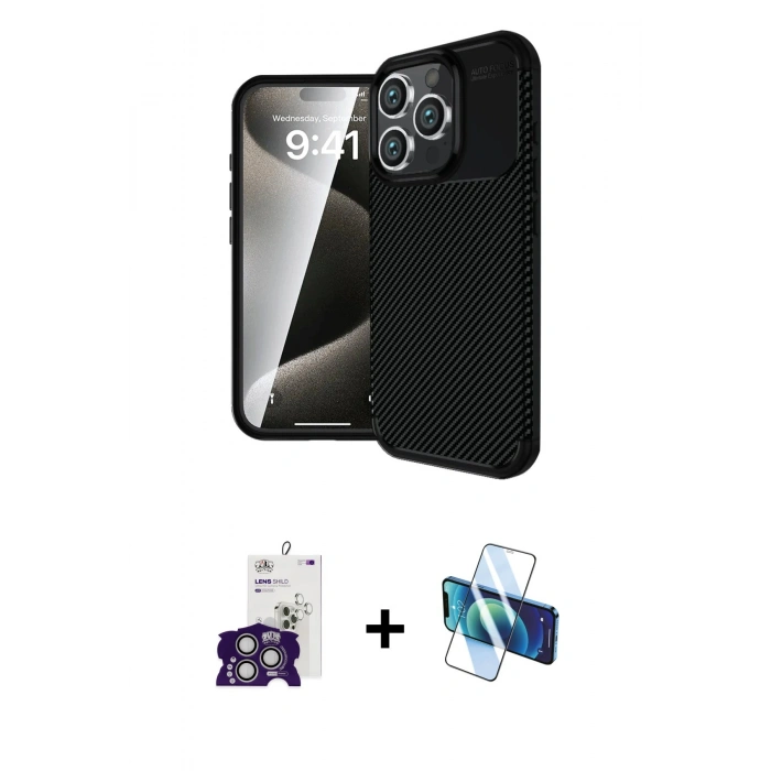 MARSİLYAN™- iPhone 16 Pro Max Kılıf Eksen Form Prime - Siyah 3D Antistatik Seramik Nano Ekran Koruyucu + Bilvis Titan Kamera Lens - GS