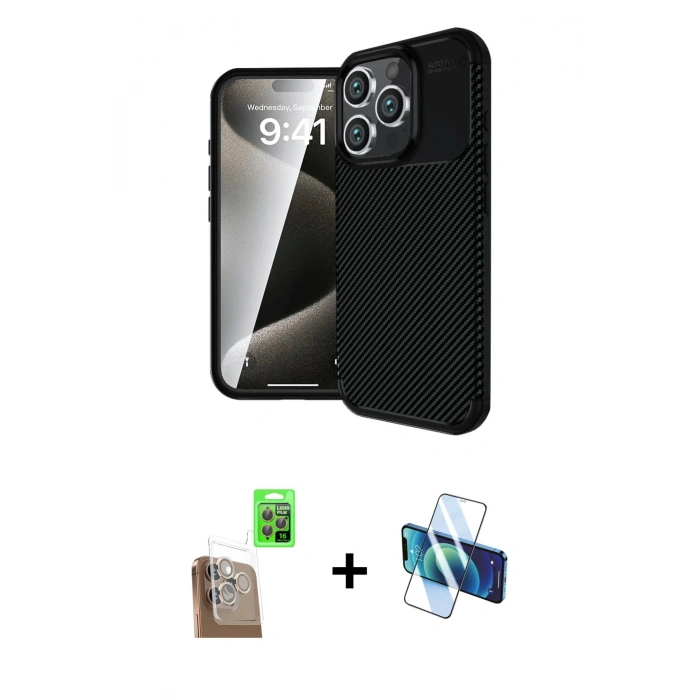 MARSİLYAN™- iPhone 16 Pro Max Kılıf Eksen Form Prime - Siyah 3D Antistatik Seramik Nano Ekran Koruyucu + Çöl Titanyum Raze Metal Kamera Lens