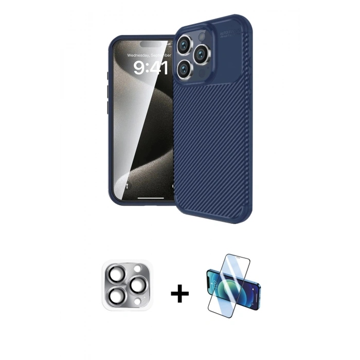 MARSİLYAN™- iPhone 16 Pro Max Kılıf Eksen Form Prime - Siyah 3D Antistatik Seramik Nano Ekran Koruyucu + Pers Alüminyum Kamera Lens - GI
