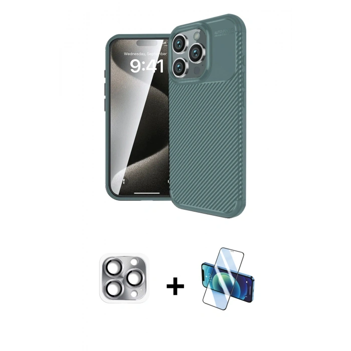 MARSİLYAN™- iPhone 16 Pro Max Kılıf Eksen Form Prime - Siyah 3D Antistatik Seramik Nano Ekran Koruyucu + Pers Alüminyum Kamera Lens - GI