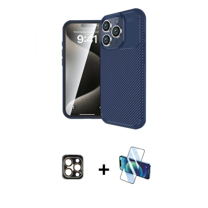 MARSİLYAN™- iPhone 16 Pro Max Kılıf Eksen Form Prime - Siyah 3D Antistatik Seramik Nano Ekran Koruyucu + PVD Metal Kamera Lens - GD