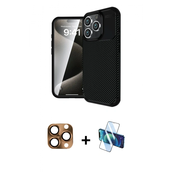 MARSİLYAN™- iPhone 16 Pro Max Kılıf Eksen Form Prime - Siyah 3D Antistatik Seramik Nano Ekran Koruyucu + Pers Alüminyum Kamera Lens - CLTM