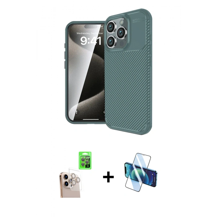 MARSİLYAN™- iPhone 16 Pro Max Kılıf Eksen Form Prime - Siyah 3D Antistatik Seramik Nano Ekran Koruyucu + Raze Metal Kamera Lens - NLGY