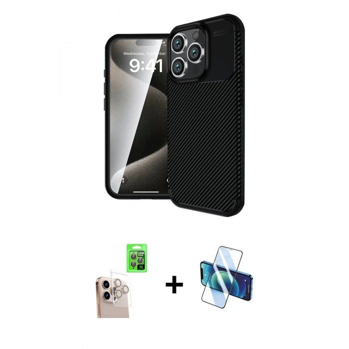 MARSİLYAN™- iPhone 16 Pro Max Kılıf Eksen Form Prime - Siyah 3D Antistatik Seramik Nano Ekran Koruyucu + Raze Metal Kamera Lens - NLGY
