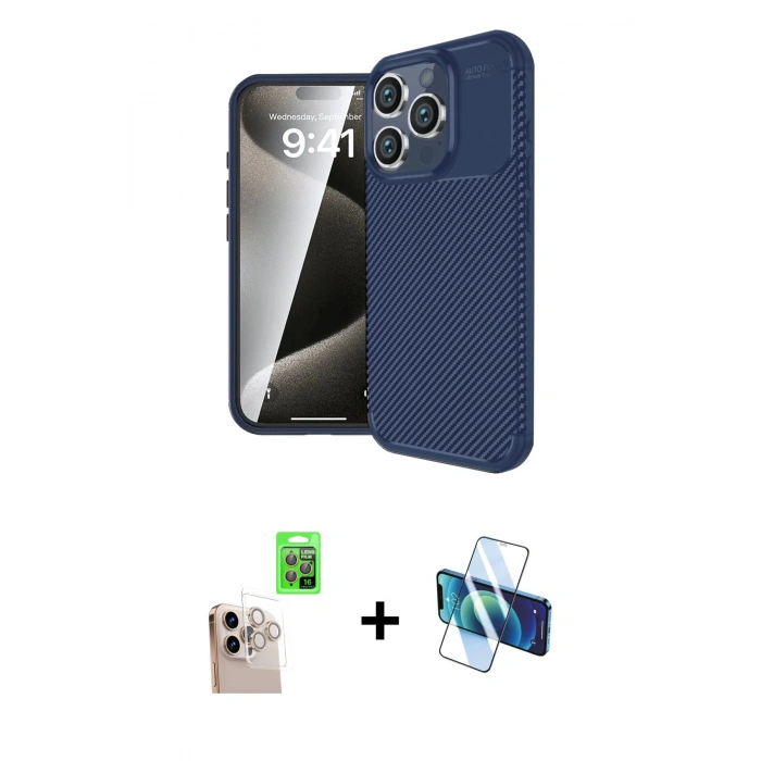 MARSİLYAN™- iPhone 16 Pro Max Kılıf Eksen Form Prime - Siyah 3D Antistatik Seramik Nano Ekran Koruyucu + Raze Metal Kamera Lens - NLGY