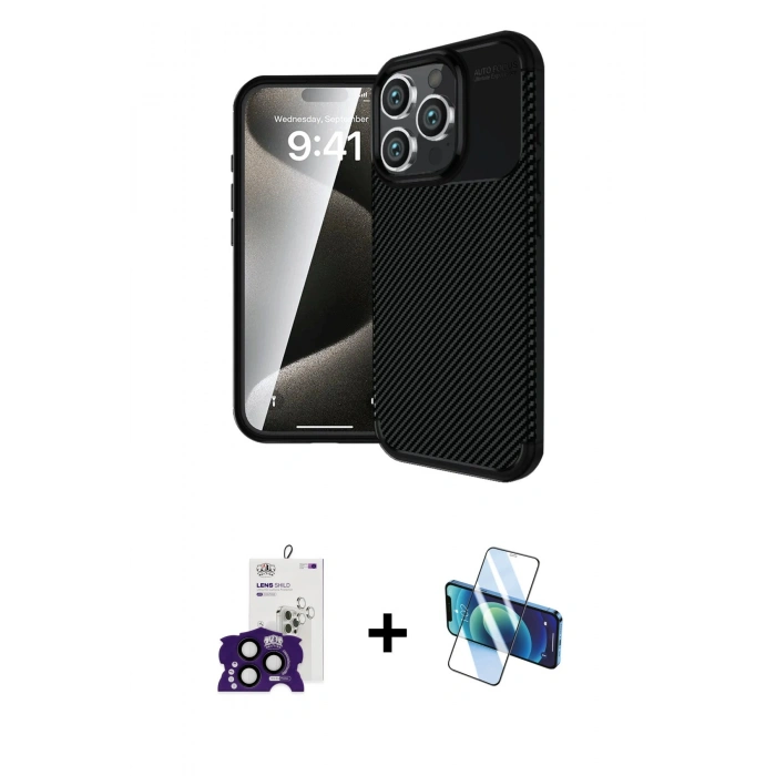 MARSİLYAN™- iPhone 16 Pro Max Kılıf Eksen Form Prime - Siyah 3D Antistatik Seramik Nano Ekran Koruyucu + Bilvis Titan Kamera Lens - SH