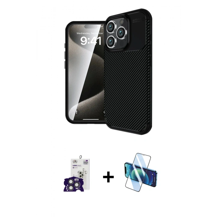 MARSİLYAN™- iPhone 16 Pro Max Kılıf Eksen Form Prime - Siyah 3D Antistatik Seramik Nano Ekran Koruyucu + Titanyum Gri Bilvis Titan Kamera Lens