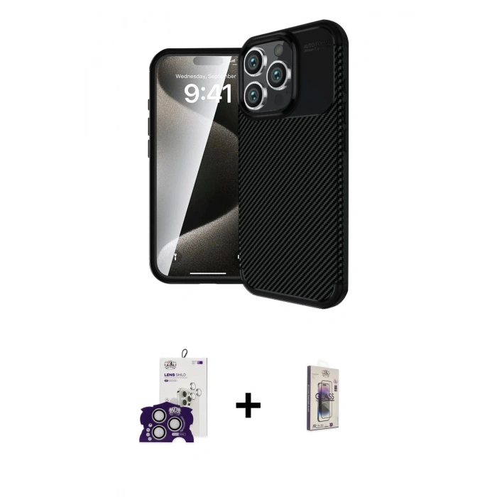 MARSİLYAN™- iPhone 16 Pro Max Kılıf Eksen Form Prime - Siyah Bilvis 3D Cam Ekran Koruyucu + Gümüş Bilvis Titan Kamera Lens