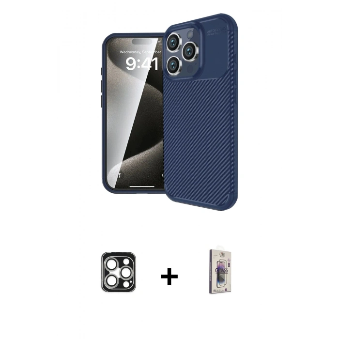MARSİLYAN™- iPhone 16 Pro Max Kılıf Eksen Form Prime - Siyah Bilvis 3D Cam Ekran Koruyucu + PVD Metal Kamera Lens - GS