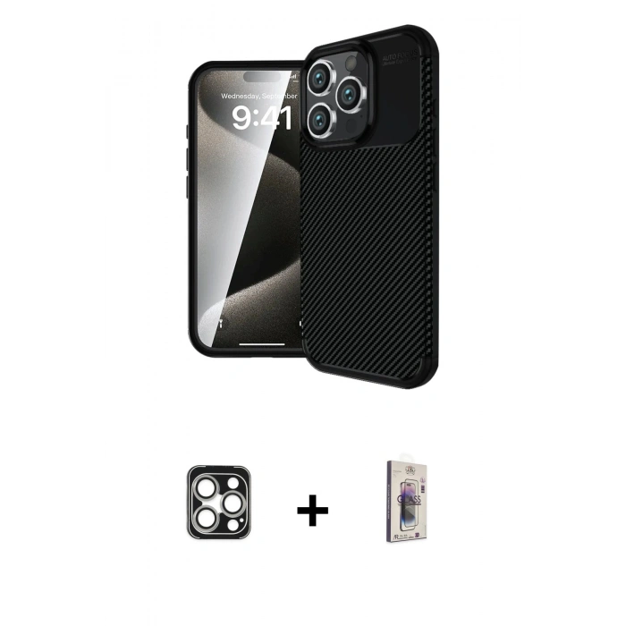 MARSİLYAN™- iPhone 16 Pro Max Kılıf Eksen Form Prime - Siyah Bilvis 3D Cam Ekran Koruyucu + PVD Metal Kamera Lens - GS