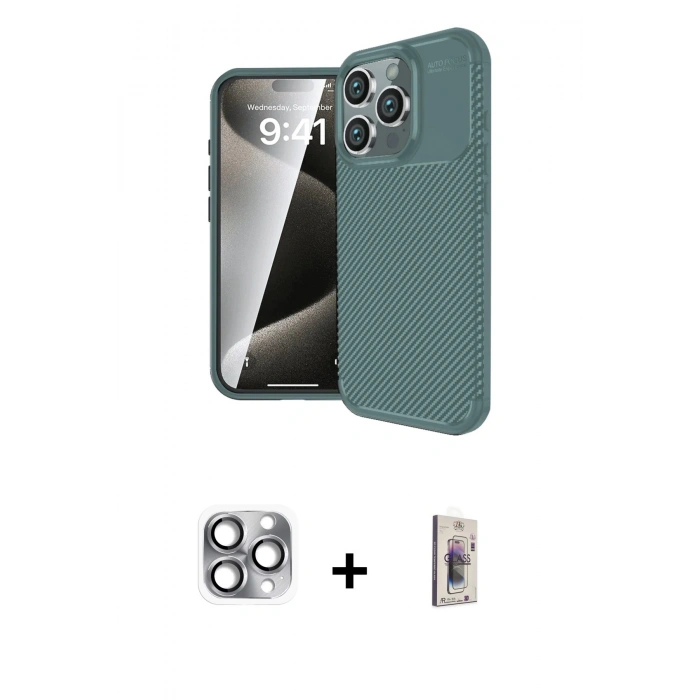 MARSİLYAN™- iPhone 16 Pro Max Kılıf Eksen Form Prime - Siyah Bilvis 3D Cam Ekran Koruyucu + Pers Alüminyum Kamera Lens - GI