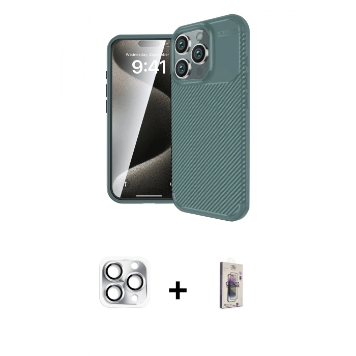 MARSİLYAN™- iPhone 16 Pro Max Kılıf Eksen Form Prime - Siyah Bilvis 3D Cam Ekran Koruyucu + Pers Alüminyum Kamera Lens - GS