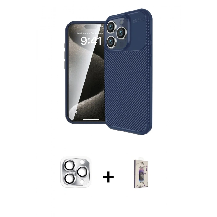 MARSİLYAN™- iPhone 16 Pro Max Kılıf Eksen Form Prime - Siyah Bilvis 3D Cam Ekran Koruyucu + Pers Alüminyum Kamera Lens - GS
