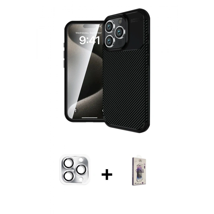MARSİLYAN™- iPhone 16 Pro Max Kılıf Eksen Form Prime - Siyah Bilvis 3D Cam Ekran Koruyucu + Pers Alüminyum Kamera Lens - GS
