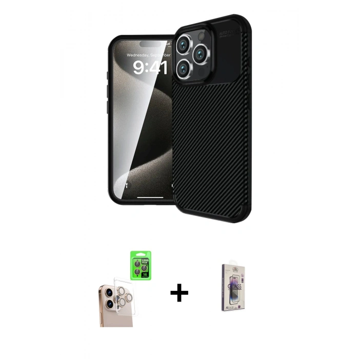 MARSİLYAN™- iPhone 16 Pro Max Kılıf Eksen Form Prime - Siyah Bilvis 3D Cam Ekran Koruyucu + Raze Metal Kamera Lens - NLGY