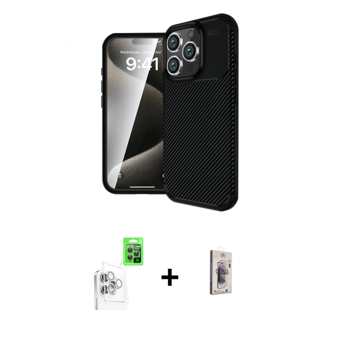 MARSİLYAN™- iPhone 16 Pro Max Kılıf Eksen Form Prime - Siyah Bilvis 3D Cam Ekran Koruyucu + Raze Metal Kamera Lens - BZ