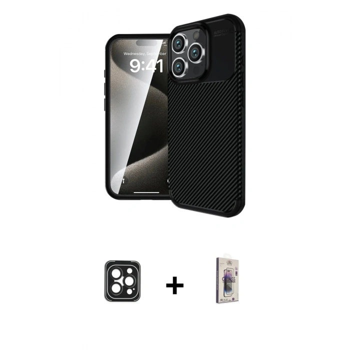 MARSİLYAN™- iPhone 16 Pro Max Kılıf Eksen Form Prime - Siyah Bilvis 3D Cam Ekran Koruyucu + Siyah PVD Metal Kamera Lens