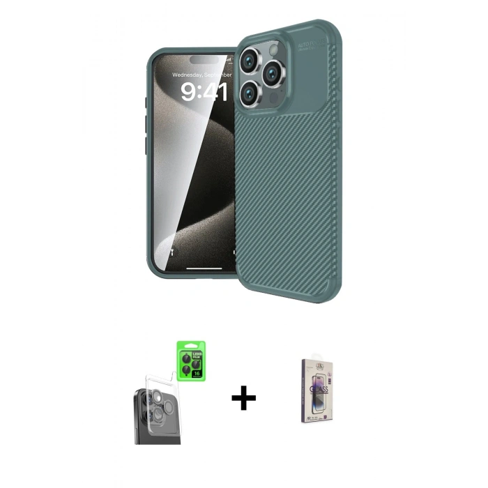 MARSİLYAN™- iPhone 16 Pro Max Kılıf Eksen Form Prime - Siyah Bilvis 3D Cam Ekran Koruyucu + Raze Metal Kamera Lens - SH