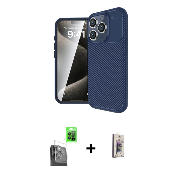 MARSİLYAN™- iPhone 16 Pro Max Kılıf Eksen Form Prime - Siyah Bilvis 3D Cam Ekran Koruyucu + Raze Metal Kamera Lens - SH