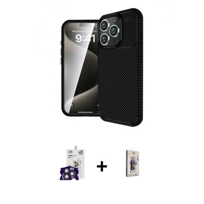 MARSİLYAN™- iPhone 16 Pro Max Kılıf Eksen Form Prime - Siyah Bilvis 3D Cam Ekran Koruyucu + Bilvis Titan Kamera Lens - TMGI