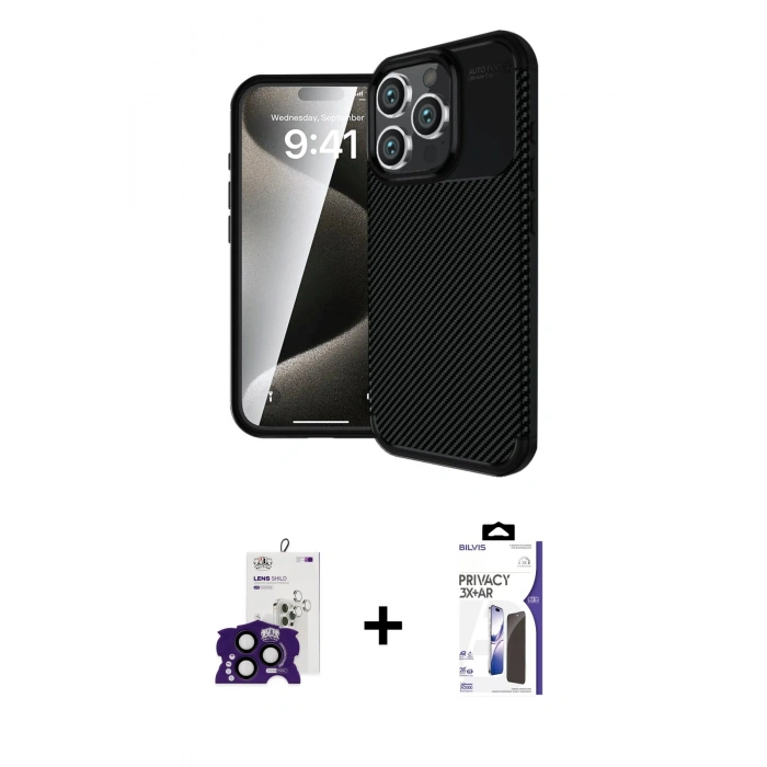 MARSİLYAN™- iPhone 16 Pro Max Kılıf Eksen Form Prime - Siyah Bilvis 3X AR Hayalet Cam Ekran Koruyucu + Bilvis Titan Kamera Lens - SH