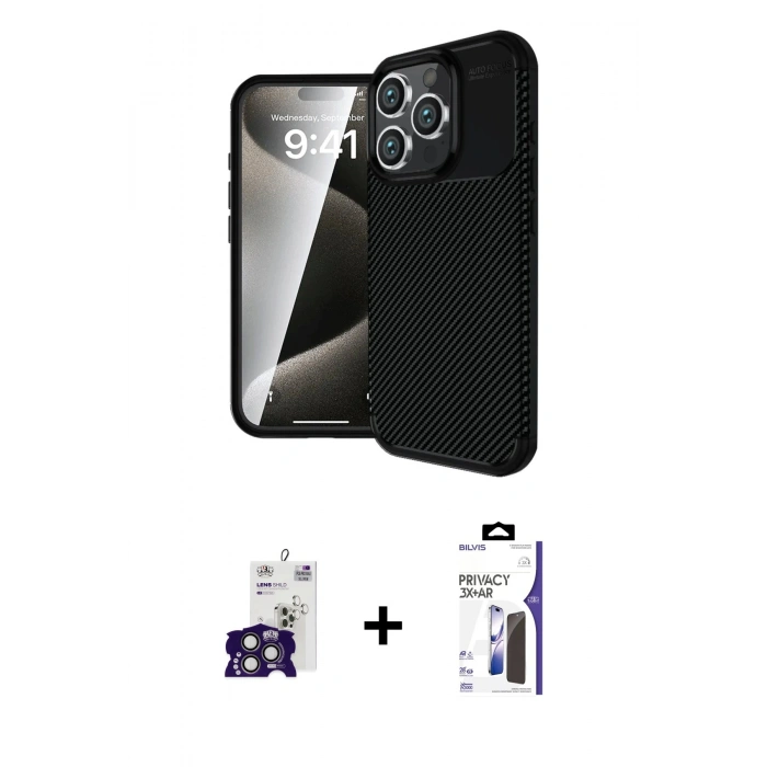 MARSİLYAN™- iPhone 16 Pro Max Kılıf Eksen Form Prime - Siyah Bilvis 3X AR Hayalet Cam Ekran Koruyucu + Bilvis Titan Kamera Lens - TMGI